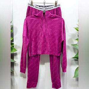 Juicy Couture Logo Embroidered Velvet Velour Hoodie Sleepwear Set Magenta size S